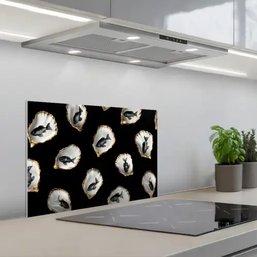 Oesters - Zwart - Vissen - Goud keuken achterwand spatscherm klein -3d_schuin