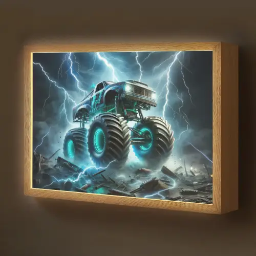 Monstertruck - Bliksem - Blauw - Jongens - Auto Light Box met batterij (Wandlamp kind) middel -z3d_website
