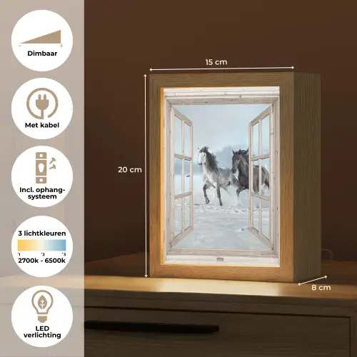 Doorkijk - Paarden - Winter - Dieren - Natuur - Wit Light Box met kabel (Tafellamp) klein -USP_NL
