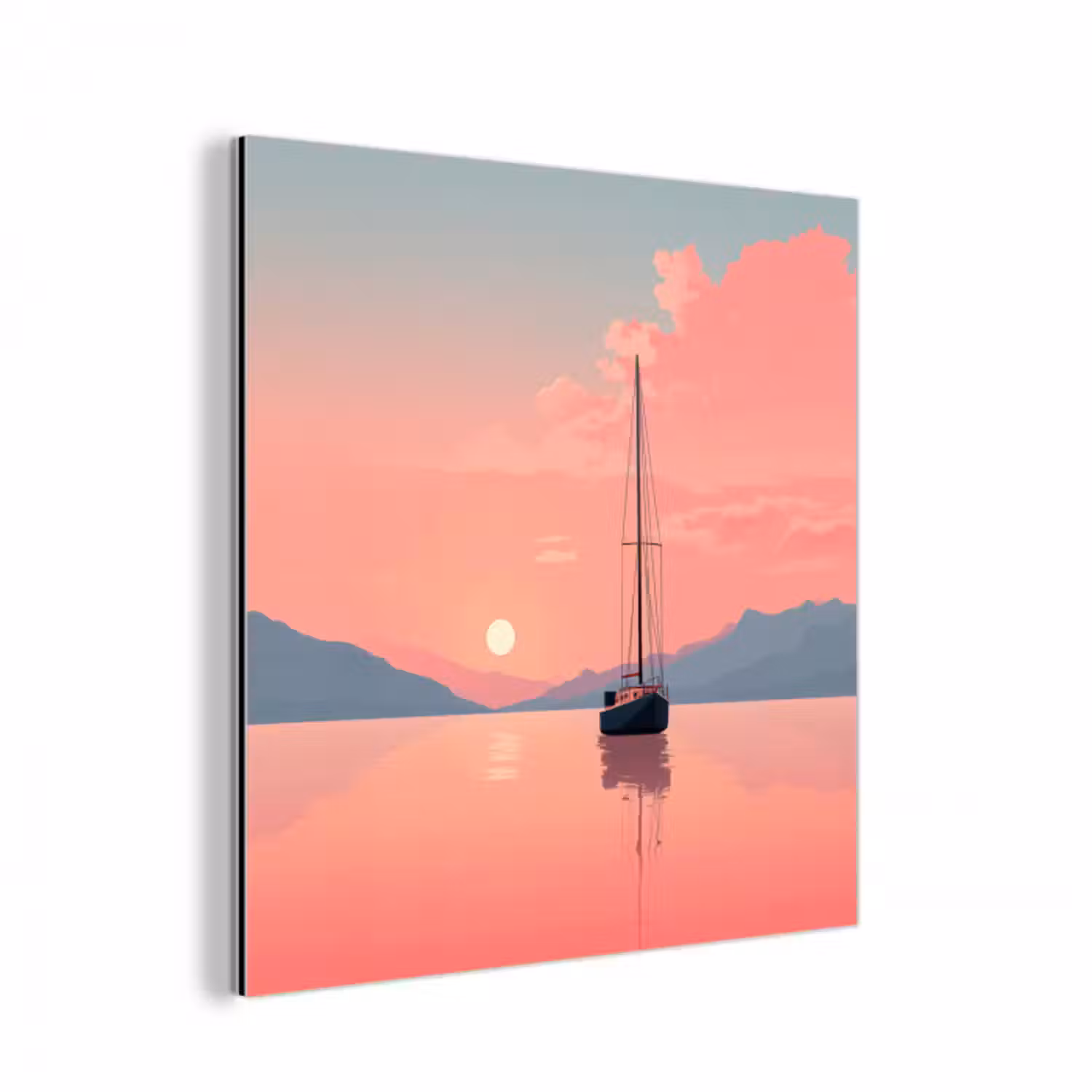 Alu-Dibond-Bild - Segelboot - Rosa Meer - Sonnenuntergang - Berge