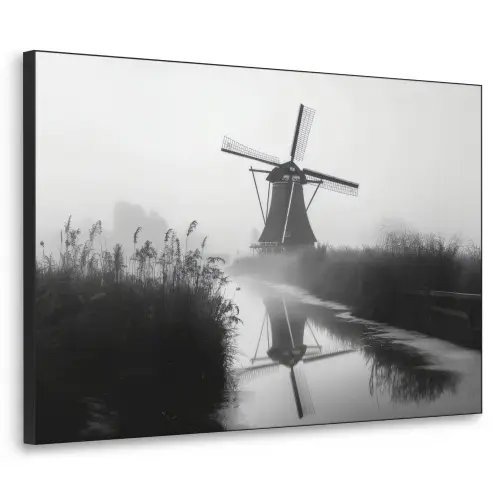 Molen - Weerspiegeling - Landschap - Water Textielframe zwart klein -3d