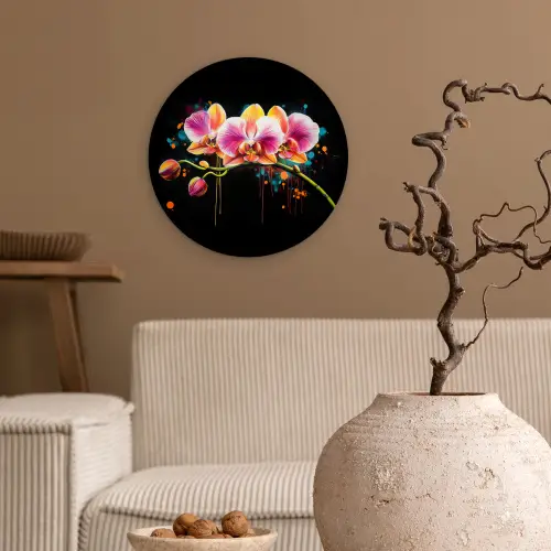 Orchidee - Graffiti - Kleurrijk - Bloemen - Abstract Wandcirkel kunststof plaat 5mm dik klein -sfeer1