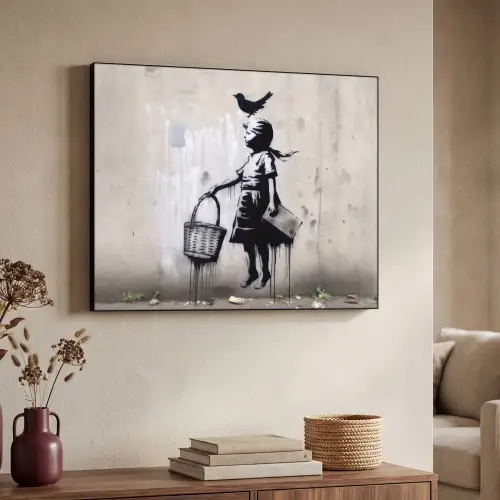 Graffiti - Meisje - Vogel - Street Art - Banksy Style Textielframe zwart klein -sfeer3
