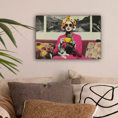 Vrouw - Kat - Bloemen - Kopje - Retro canvas 2cm klein -sfeer1