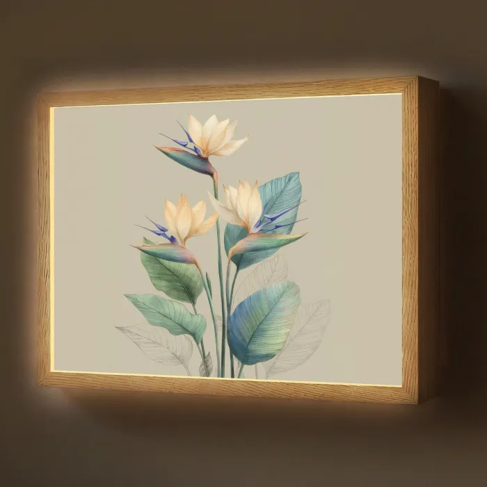 Paradijsvogelbloemen - Blauwgroene bladeren - Beige Light Box met batterij (Wandlamp) middel -z3d_website