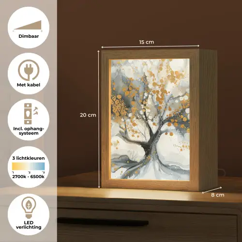 Boom - Modern - Abstract - Goud - Zwart - Wit Light Box met kabel (Tafellamp) klein -USP_NL