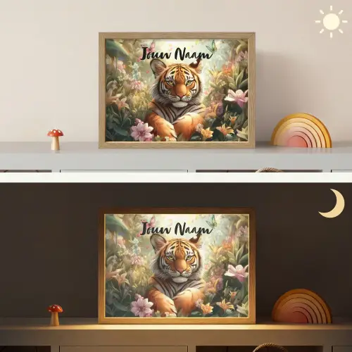 Tijger - Bloemen - Jungle - Dieren Light Box met batterij (Wandlamp kind) middel -sfeer3_kind