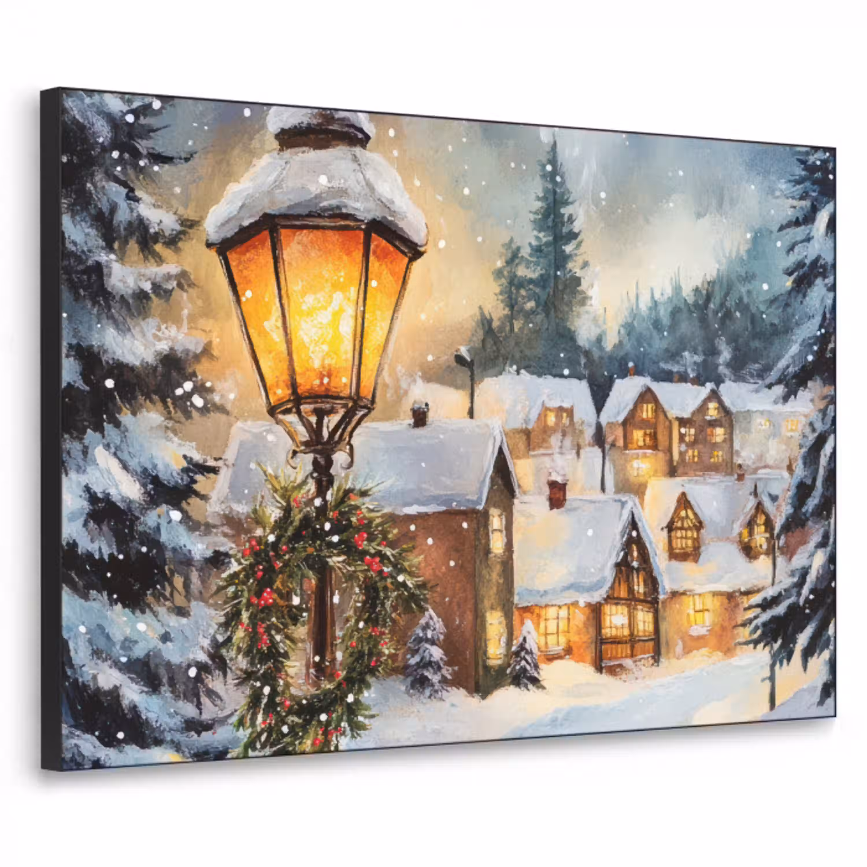 Kerstdorp - Huizen - Sneeuw - Kerst Textielframe zwart klein -3d