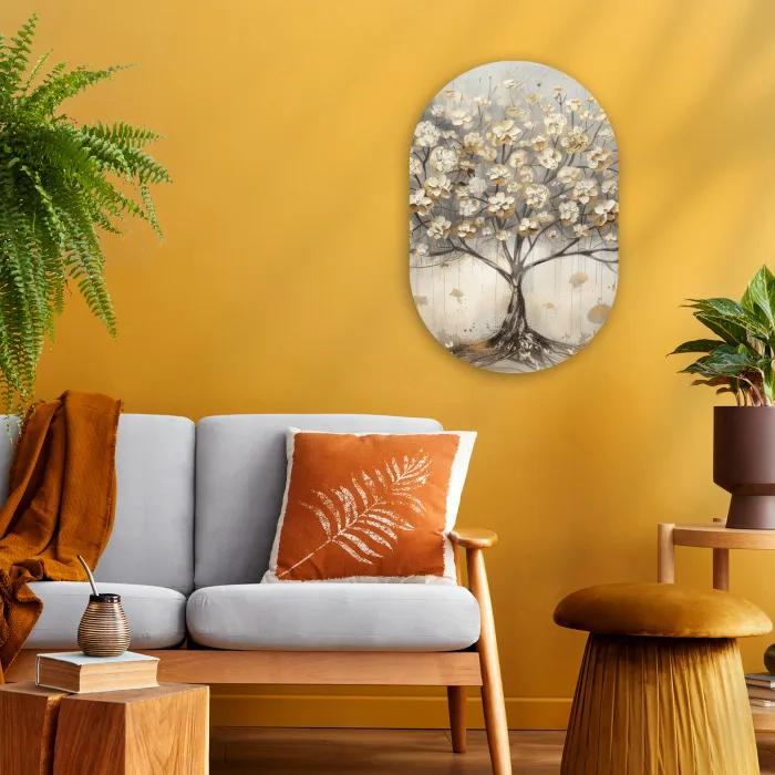 Boom - Beige - Goud - Verflook - Grijs Wandcirkel Ovaal Forex klein -sfeer4