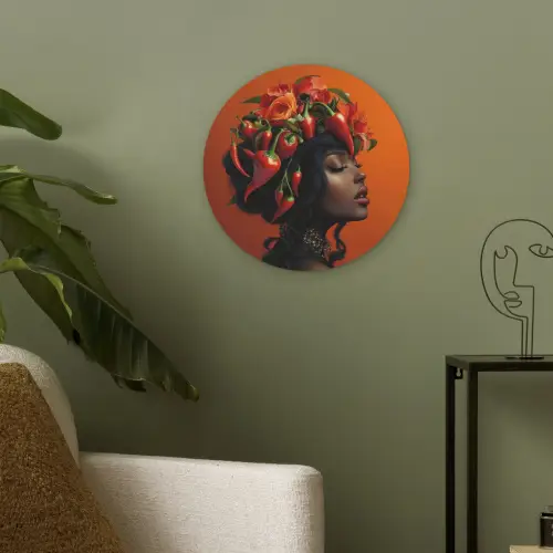 Vrouw - Chilipepers - Pepers - Bloemen Akoestische PET Vilt - Rond klein -sfeer2