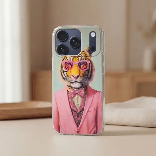 Tijger - Strik - Jasje - Roze Telefoonhoesje iPhone 17 Pro klein -sfeer2