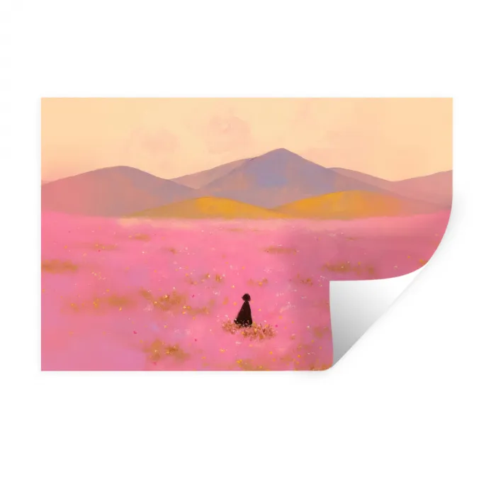 Bloemenweide - Heuvels - Silhouet - Roze Muursticker klein -3d