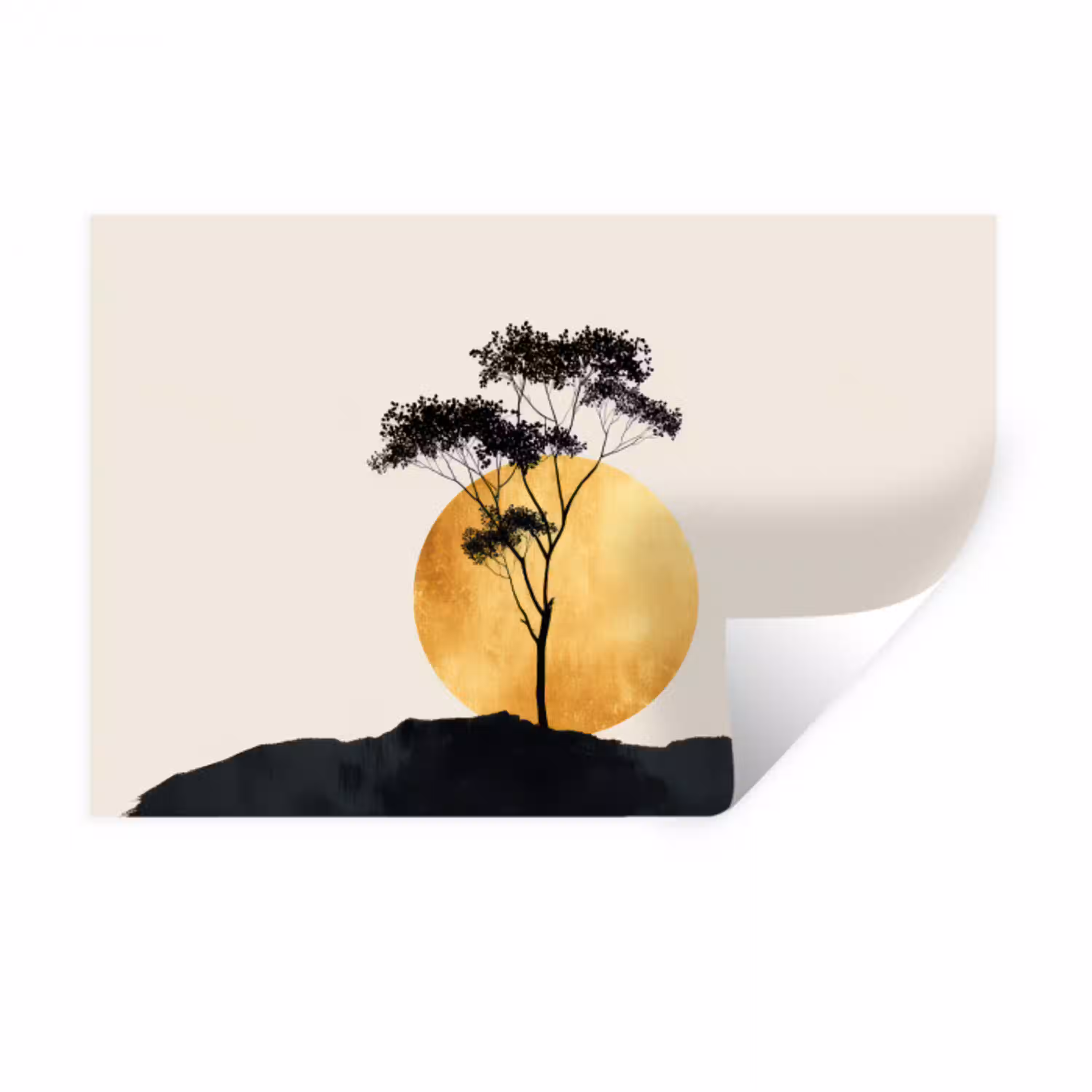 Zwarte boom - Gouden cirkel - Heuvel Muursticker klein -3d