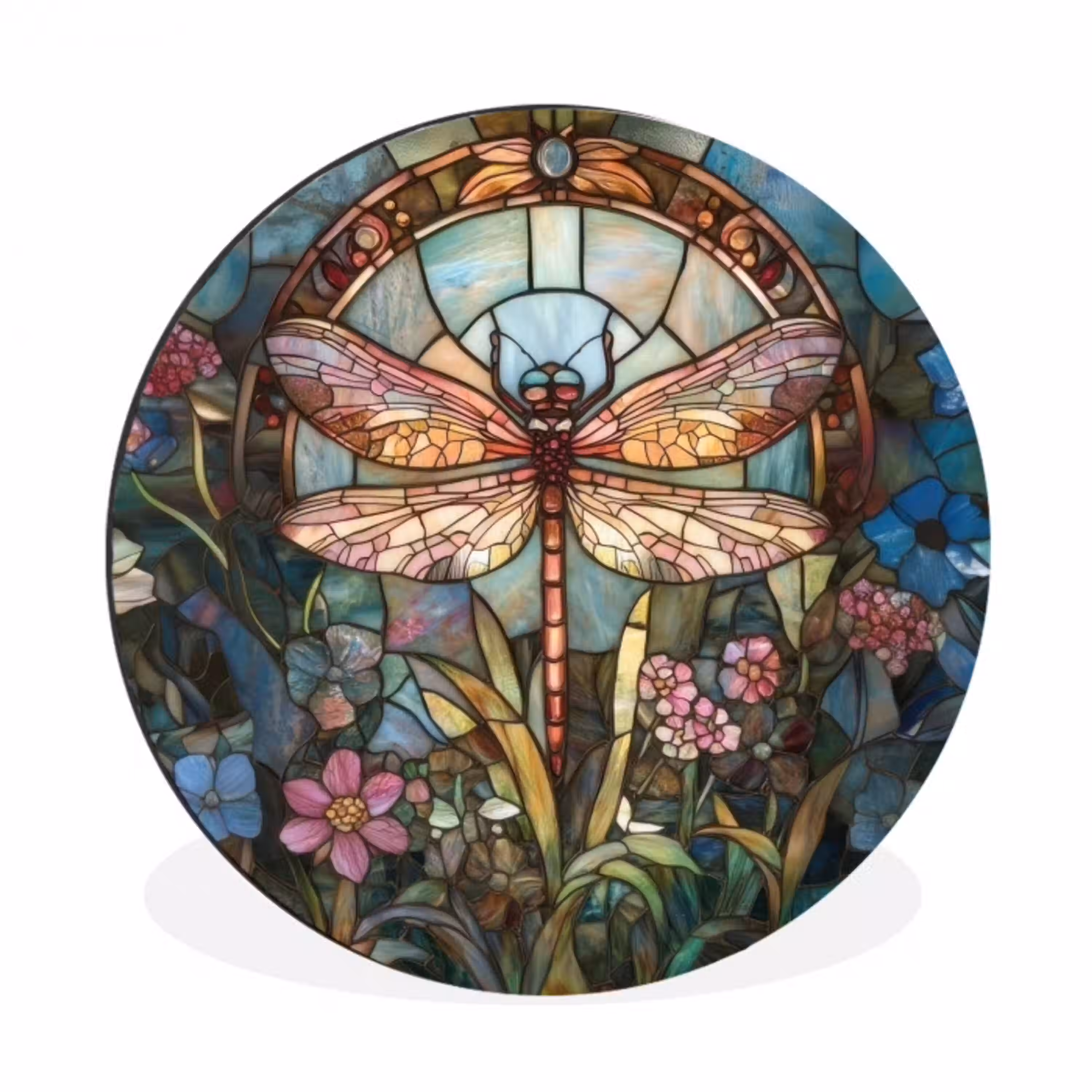 Libelle - Mozaïek - Bloemen - Kleurrijk Wandcirkel aluminium klein -3d