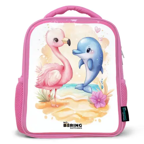 Roze flamingo en blauwe dolfijn op een strand Kinderrugzak - Roze middel -3d