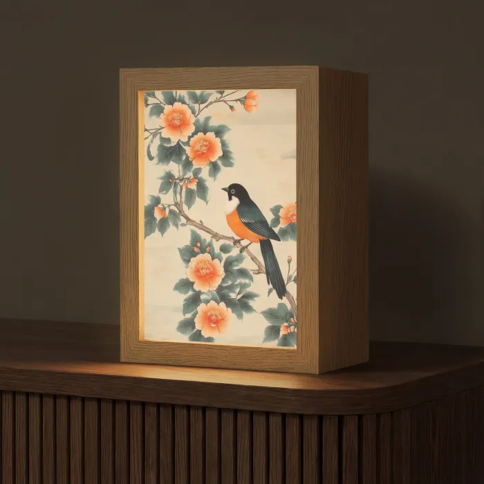 Vogel - Tak - Bloemen - Oranje Light Box met kabel (Tafellamp) klein -z3d_website