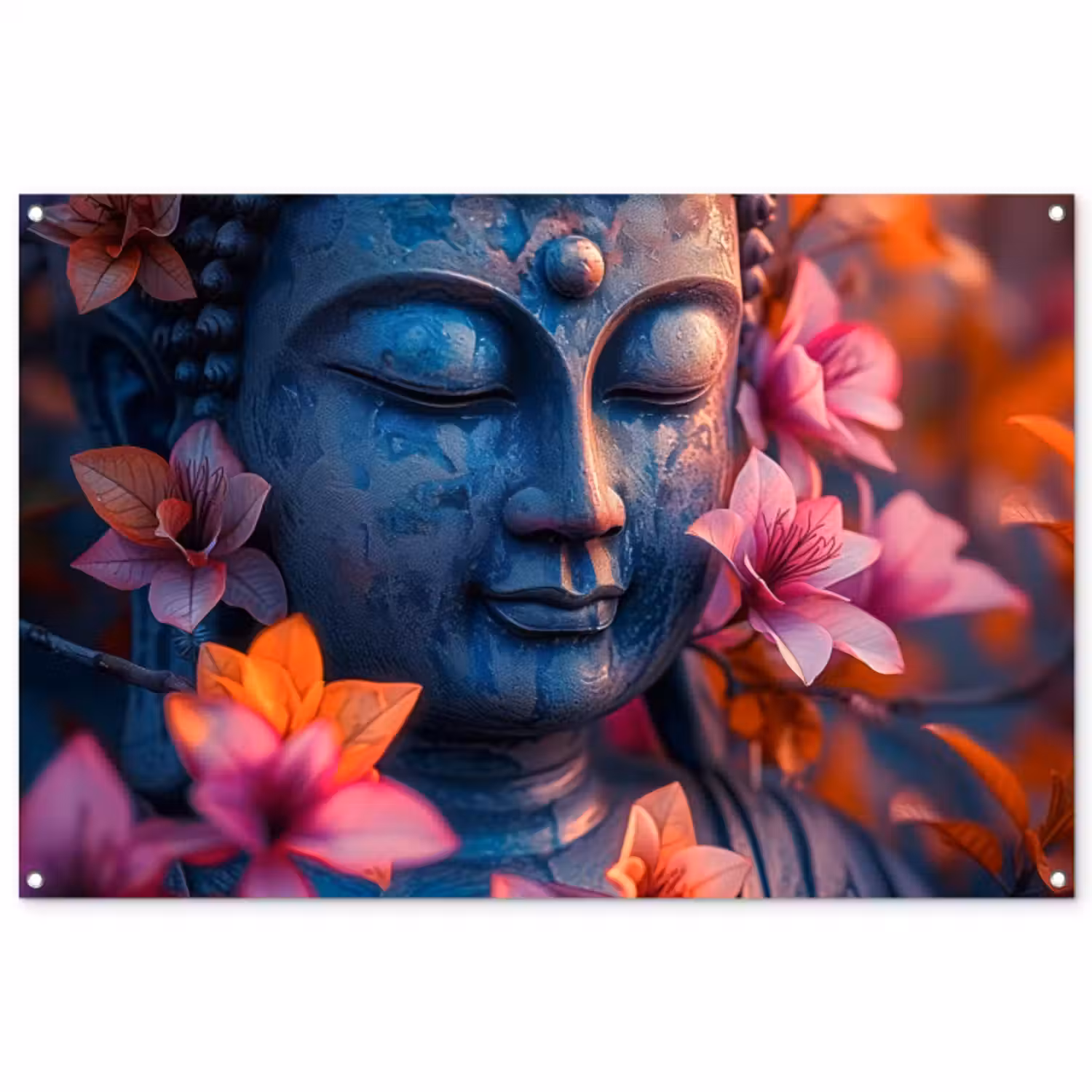 Tuinposter - Boeddha omgeven door kleurrijke bloemen