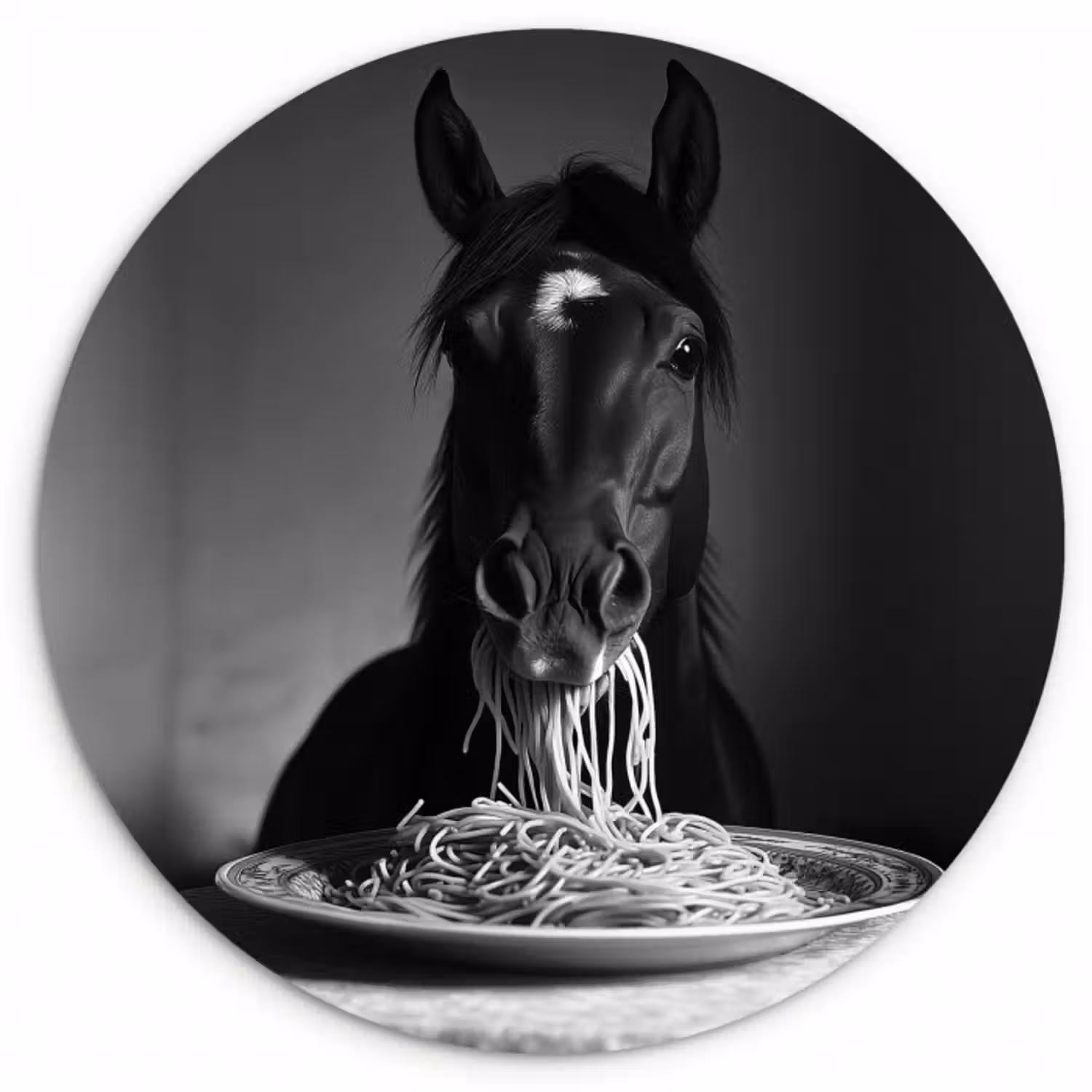 Glasbild Rund - Pferd - Teller - Pasta - Tischtuch - Schwarz und weiß - Tiere