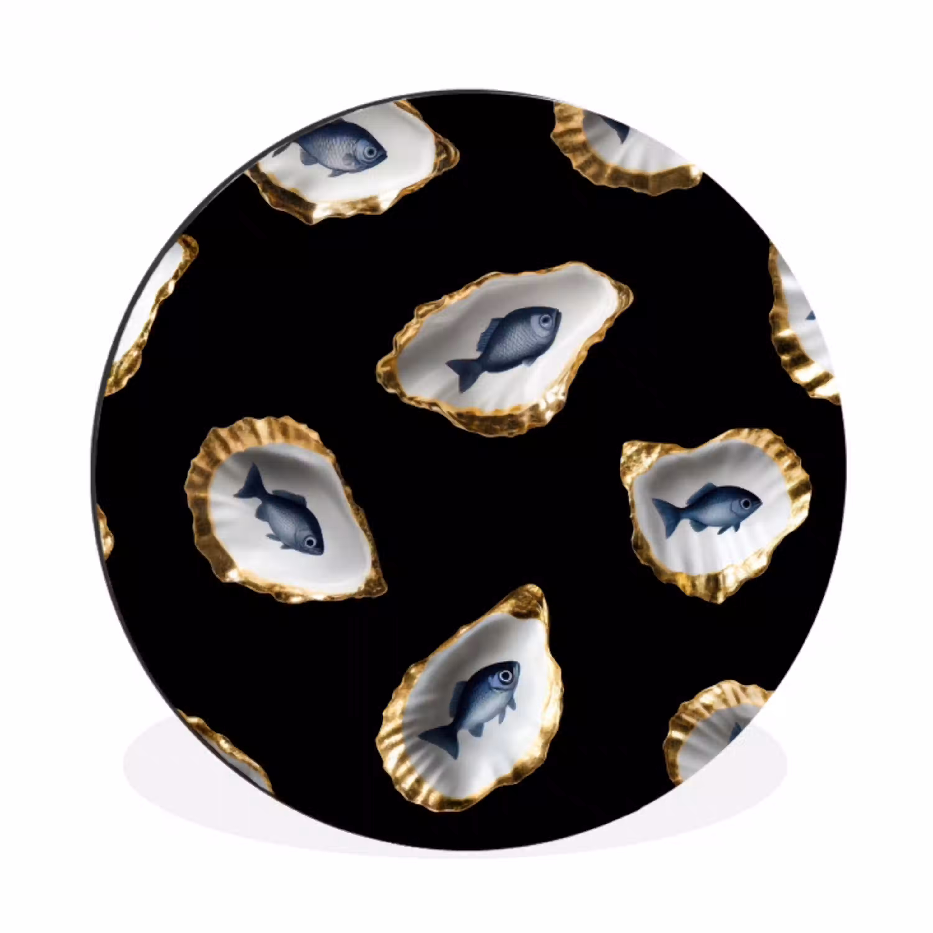 Oesters - Vissen - Blauw - Goud Wandcirkel aluminium klein -3d