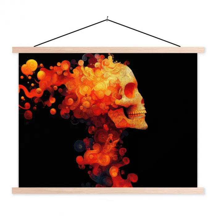 Schedel - Oranje - Zijaanzicht - Vlammen textielposter latten blank klein -3d