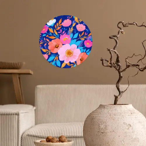 Bloemen - Blauw - Roze Wandcirkel behangsticker klein -sfeer1