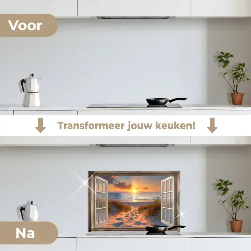 Doorkijk - Strand - Duinen - Zonsondergang keuken achterwand spatscherm klein -voor_na_NL