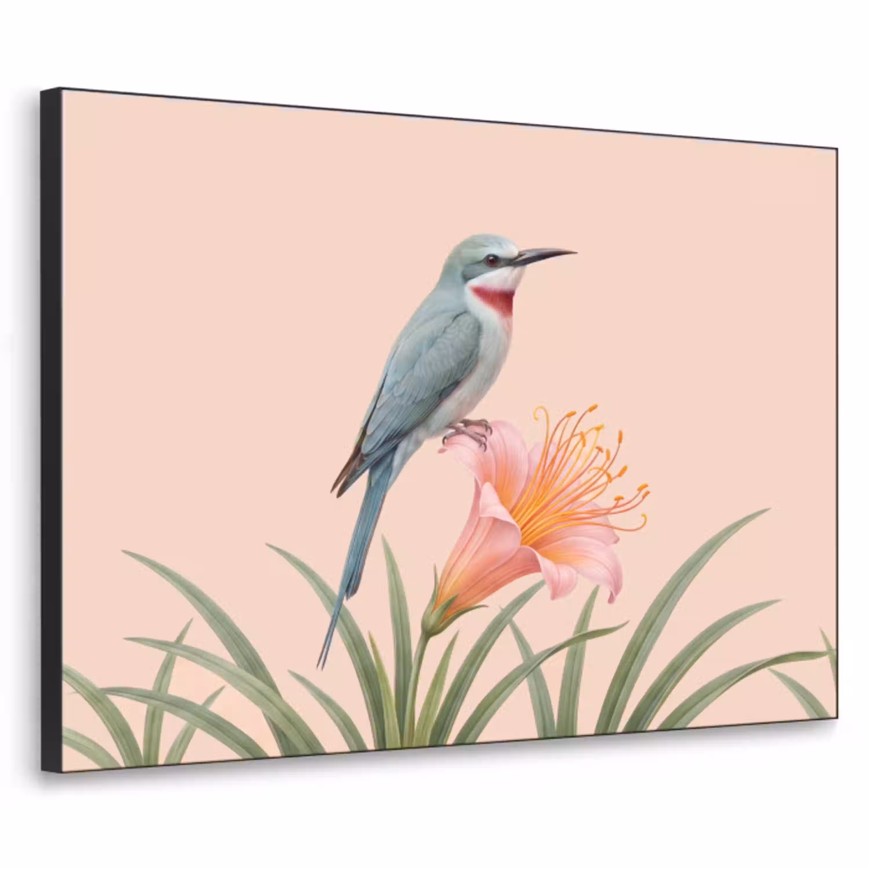 Vogel - Bloem - Natuur - Roze Textielframe zwart klein -3d