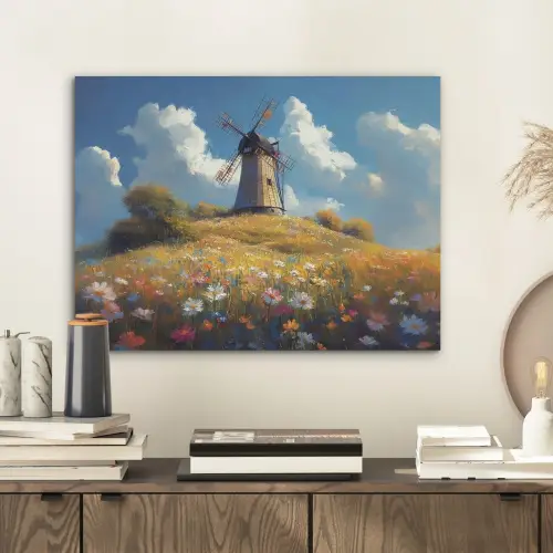 Windmolen - Heuvel - Bloemen - Kleurrijk PET vilt klein -sfeer1