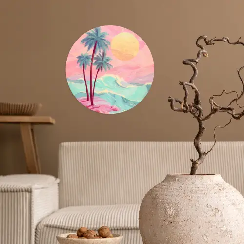 Palmbomen - Golven - Zee Wandcirkel behangsticker klein -sfeer1