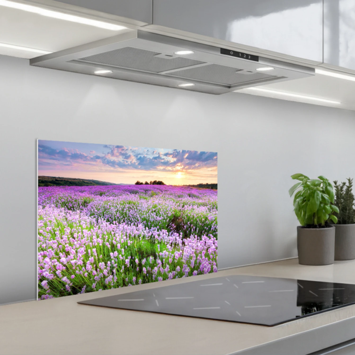 Bloemen - Lavendel - Paars - Lucht - Zonsondergang - Weide - Natuur keuken achterwand spatscherm klein -3d_schuin