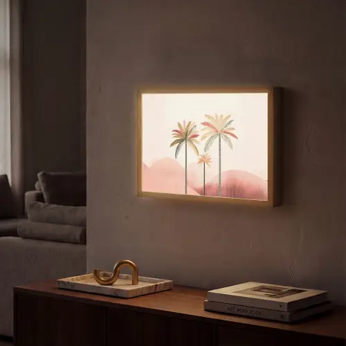 Palmbomen - Heuvels - Minimalistisch - Zachtroze Light Box met batterij (Wandlamp) middel -sfeer1