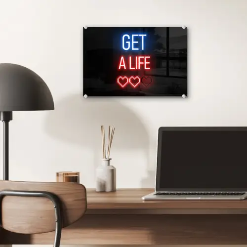 Gaming - Tekst - Get a life - Neon - Zwart plexiglas 5mm klein -sfeer6