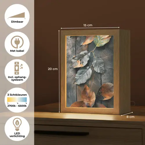 Bladeren - Herfst - Grijs - Natuur Light Box met kabel (Tafellamp) klein -USP_NL