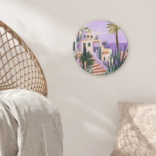 Huizen - Minimalistisch - Palmbomen - Kust Akoestische PET Vilt - Rond klein -sfeer4