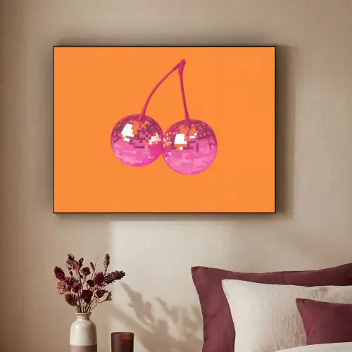 Discoballen - Kers - Spiegels - Roze Textielframe zwart klein -sfeer1
