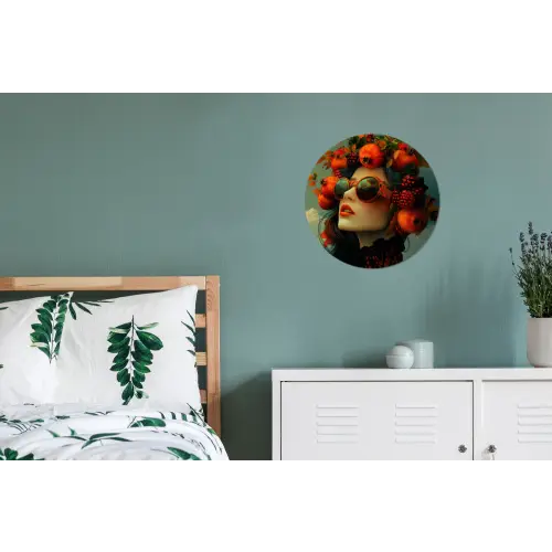 Vrouw - Granaatappel - Herfst - Zonnebril Wandcirkel aluminium klein -slaapkamer