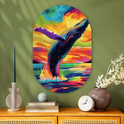 Zonsondergang - Walvis - Geschilderd - Kleurrijk Wandcirkel Ovaal Glas middel -sfeer2