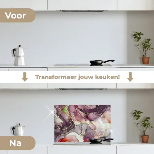 Marmer - Rood - Paars - Goud keuken achterwand spatscherm klein -voor_na_NL