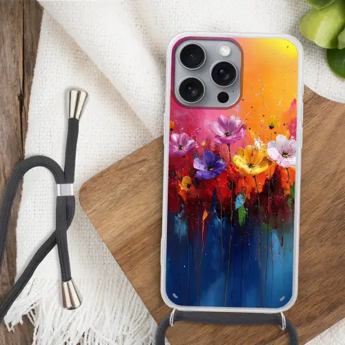 Fantasiebloemen - Verf - Speels Hoesje iPhone 16 Pro Max met koord klein -sfeer4