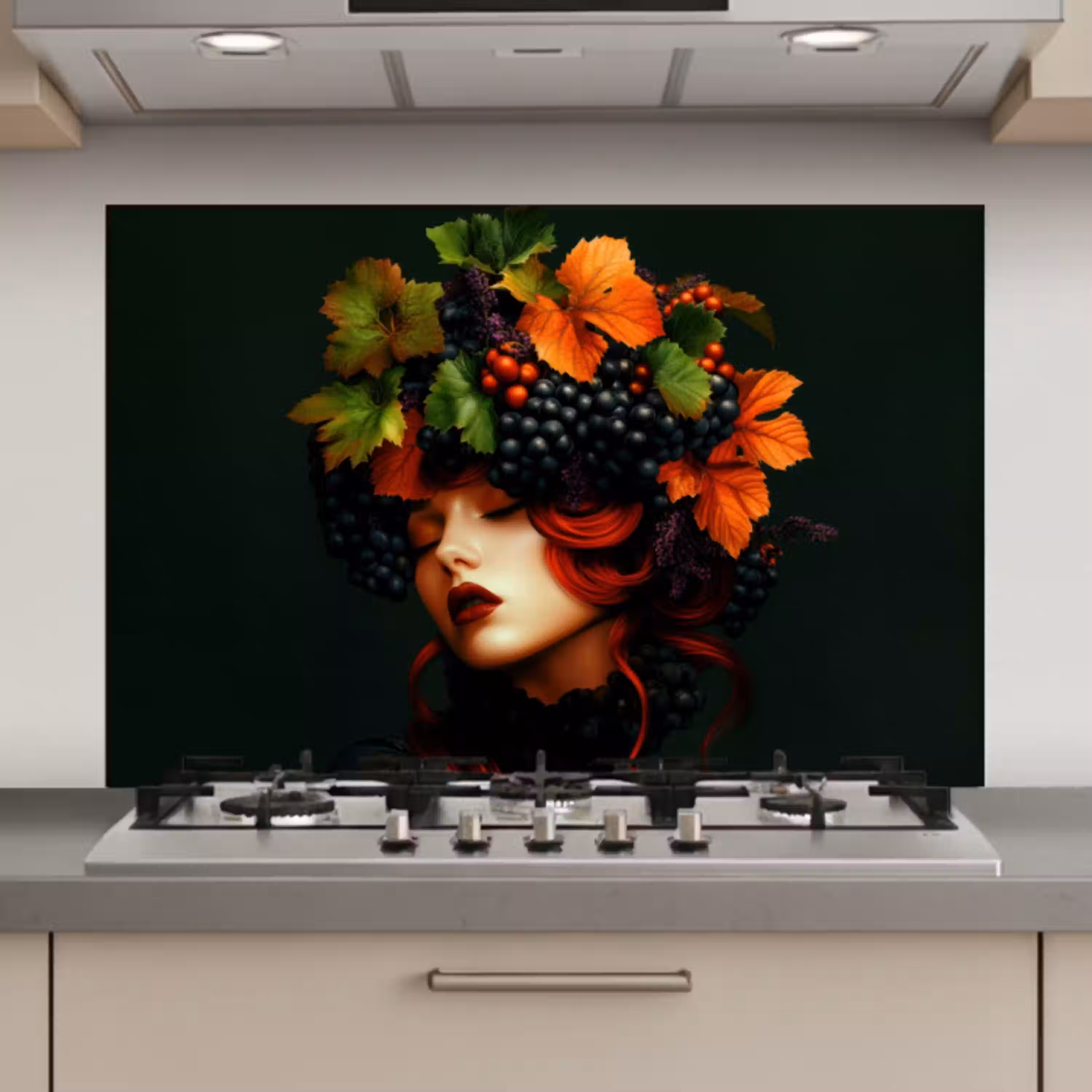 Vrouw - Rood - Groen - Druiven keuken achterwand spatscherm klein -3d_website