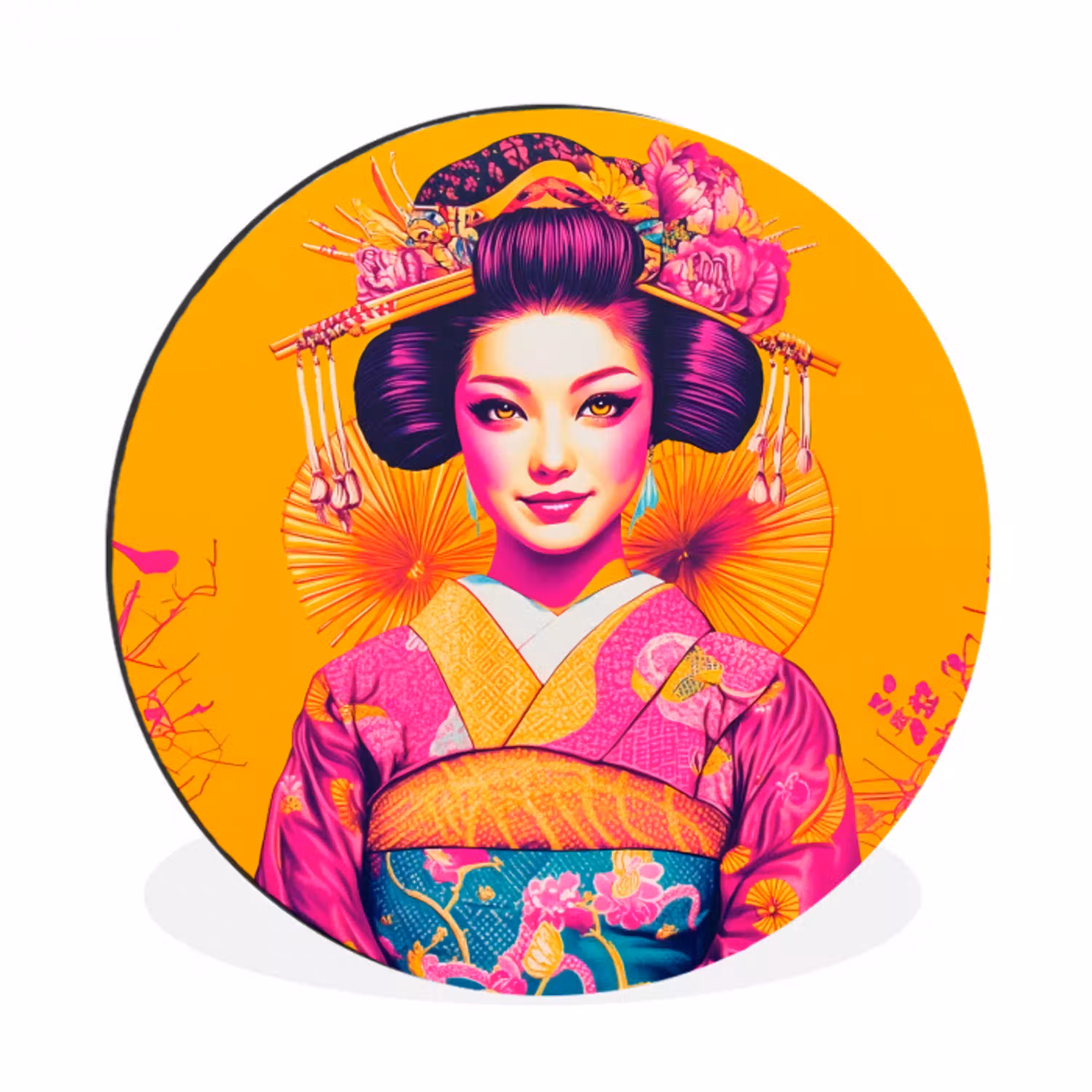 Bloemen - Vrouw - Kimono - Roze Wandcirkel aluminium klein -3d
