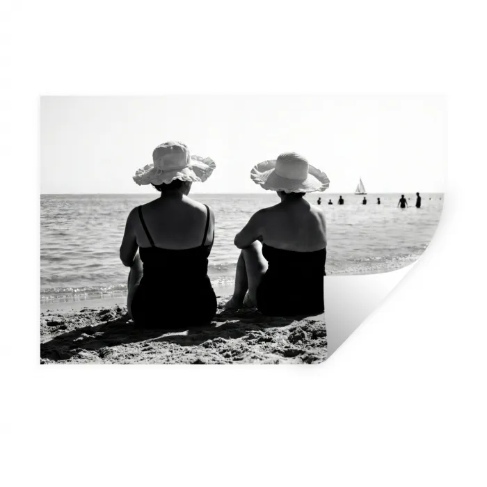 Vrouwen - Zonnehoed - Strand - Zwart - Wit Muursticker klein -3d