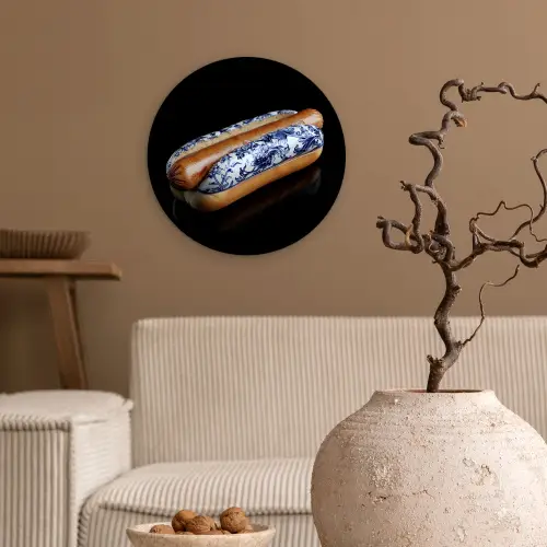 Hotdog - Porselein - Delfts blauw - Eten Wandcirkel plexiglas klein -sfeer1