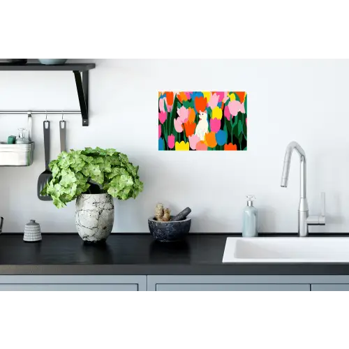 Tulpen - Kat - Kleurrijk Muursticker klein -keuken