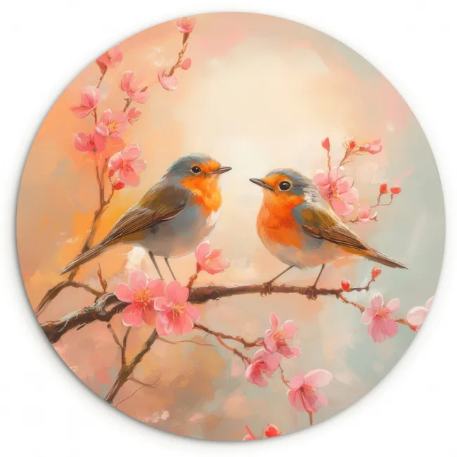 Roodborstjes - Sierlijk - Bloesemtak Wandcirkel kunststof plaat 5mm dik klein -3d