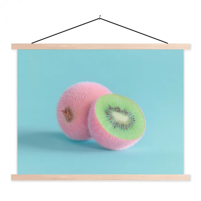 Kiwi - Blauw - Surrealistisch textielposter latten blank klein -3d