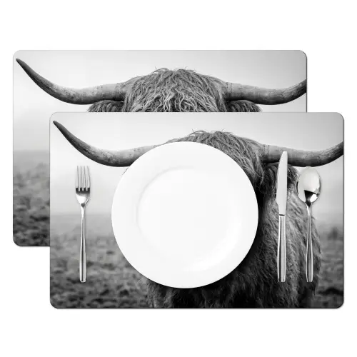 Schotse hooglander - Zwart - Wit - Gras Placemat vinyl groot -zzsfeer2_Kitchenyeah-website