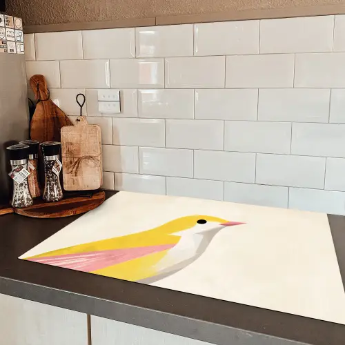 Vogel - Minimalistisch - Geel Inductie beschermer vinyl 3mm klein -sfeer3
