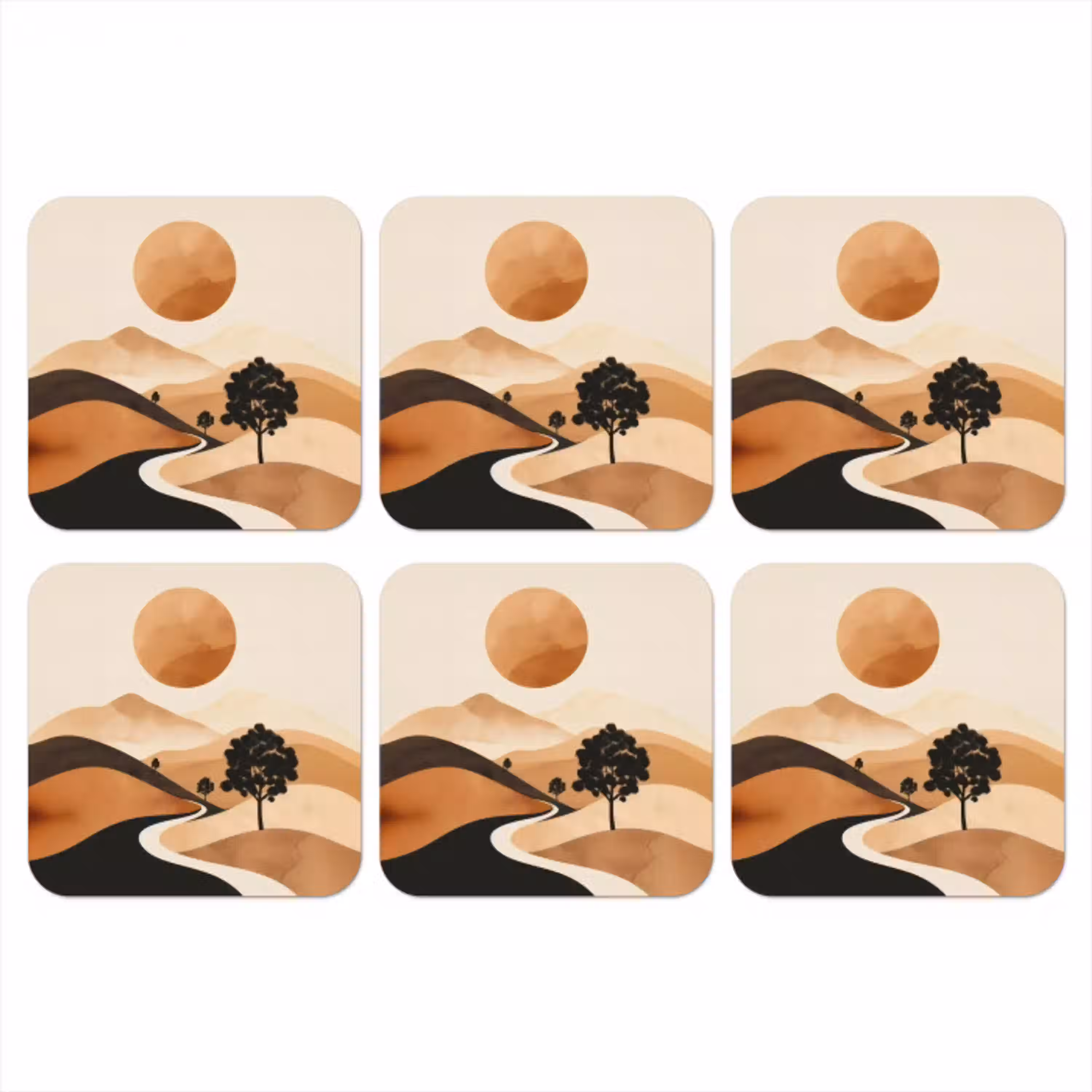 Zon - Heuvels - Boom - Abstract onderzetter kurk middel -3d