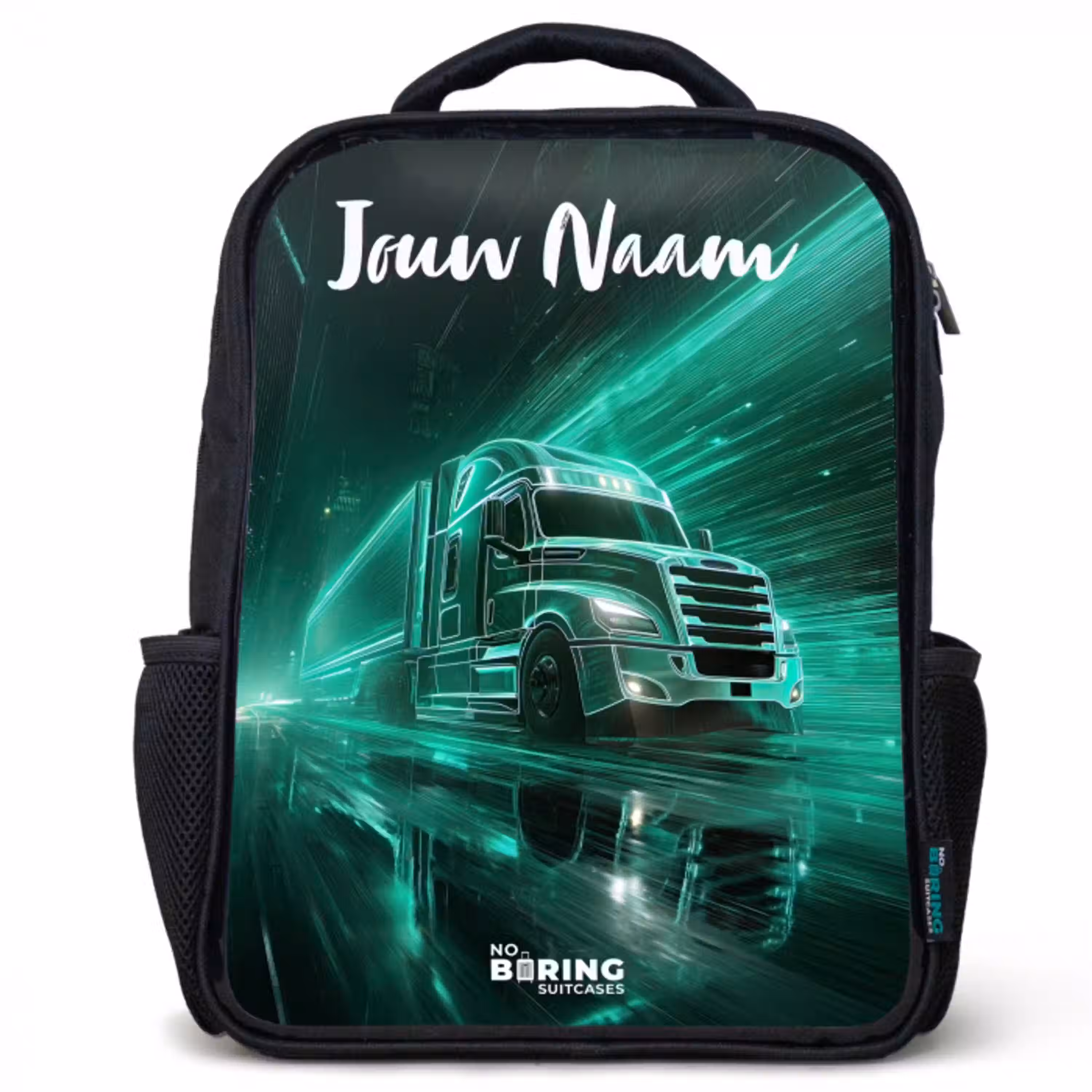 Vrachtwagen - Stad - Groen - Neon Rugzak - Zwart middel -3d